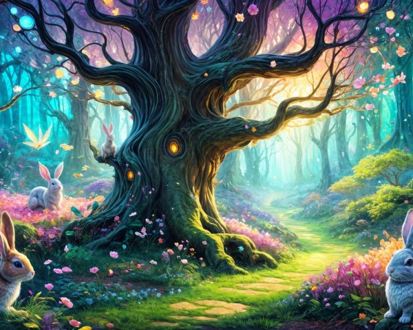 Whimsical Forest with Vibrant Colors and Wildlife