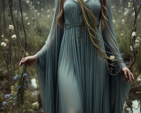 Young woman in blue gown in misty forest setting