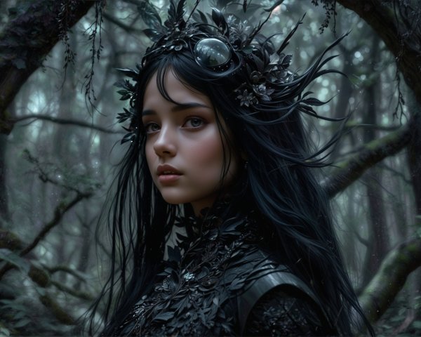 Young woman in mystical forest with dark trees