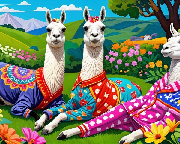 Colorful Llamas in Sweaters Among Flower Field