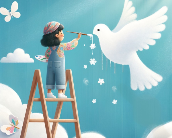 Young Girl Painting a Dove Against Blue Sky