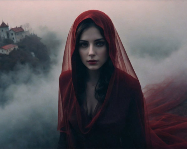Mysterious Figure in Red Cloak Surrounded by Fog