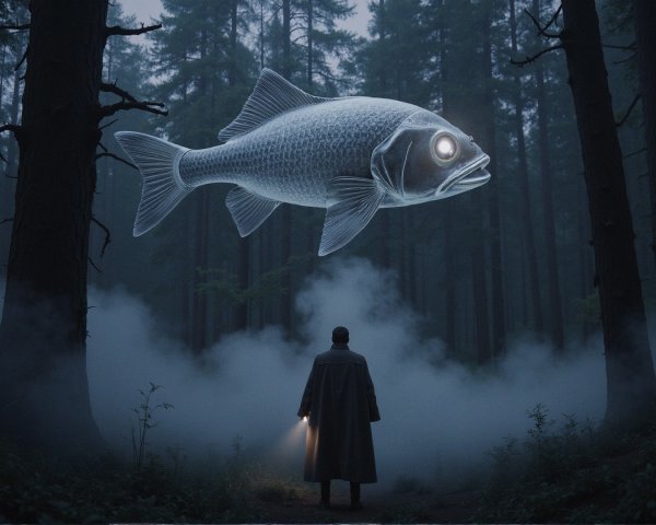 Misty Forest Scene with Ethereal Fish Above Trees