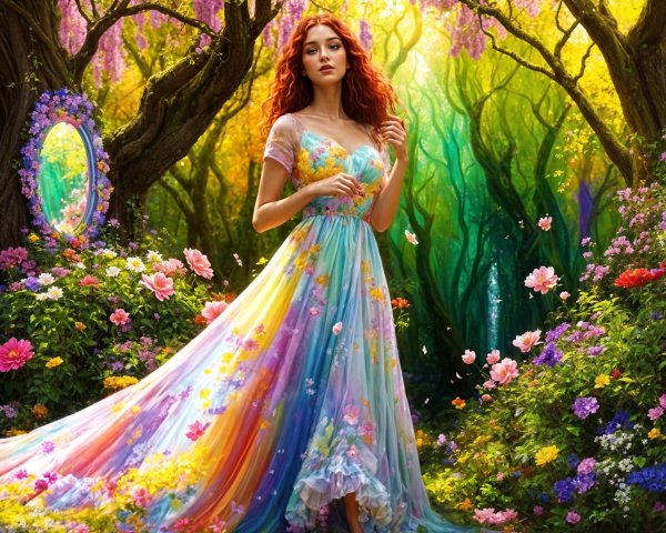 Enchanted forest scene with colorful floral gown