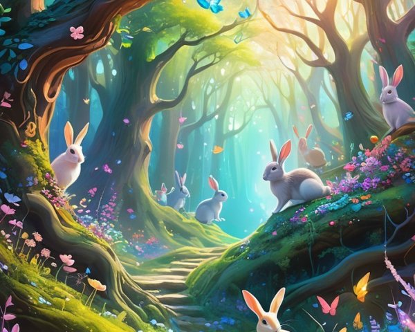 Whimsical Forest Scene with Vibrant Colors and Wildlife