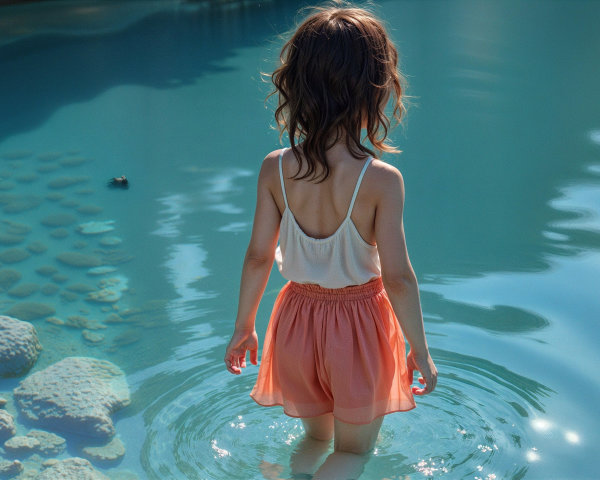 Child in Shallow Water Surrounded by Light Stones
