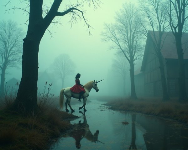 Misty Landscape with Figure on Unicorn by Stream