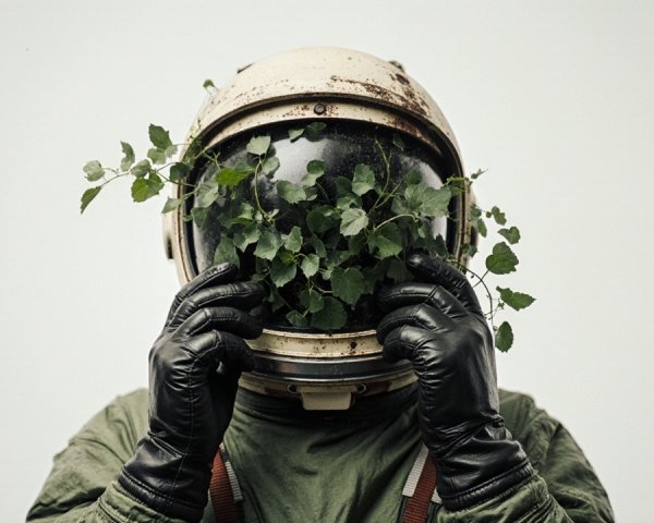 Astronaut with Antique Helmet Surrounded by Green Leaves