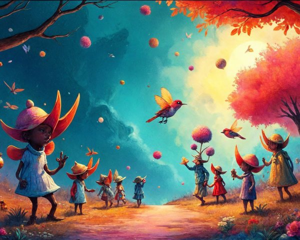 Whimsical Forest Scene with Colorful Trees and Creatures