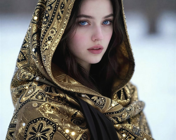 Young Woman in Black Dress with Traditional Shawl