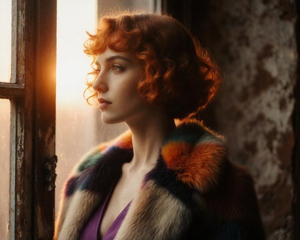 Profile of a Woman with Curly Red Hair by Window