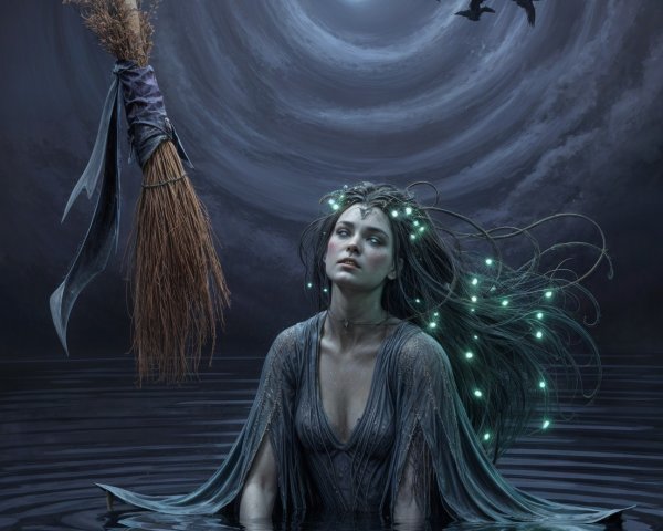 Woman in flowing gown emerges from dark waters at night