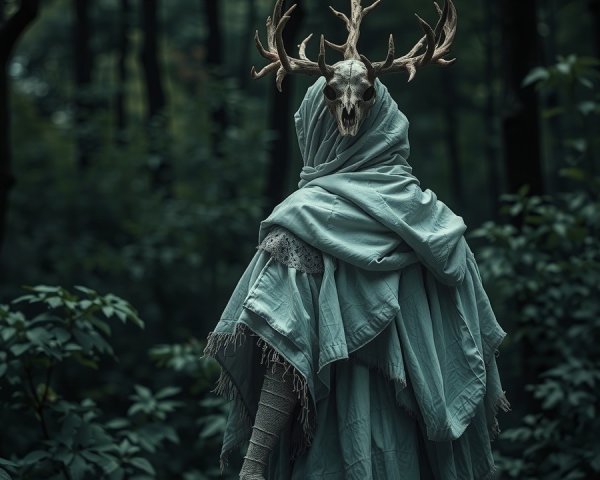 Haunting Figure in Forest with Deer Skull and Antlers
