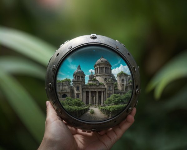 Metallic Frame Showcasing Idyllic Ancient Building Scene