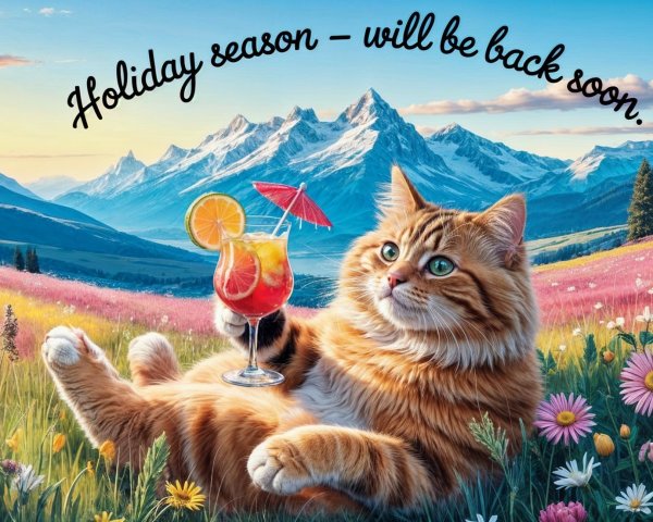Ginger Cat in Colorful Flower Field with Drink
