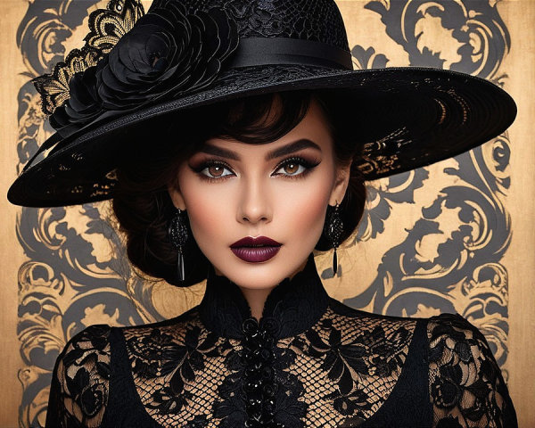 Elegant Woman in Black Lace Outfit with Ornate Hat
