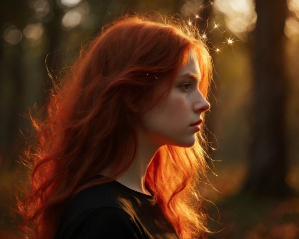 Young woman with red hair in a forest setting