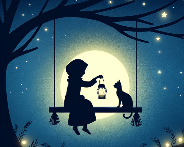 Silhouette of a girl on a swing under a glowing moon