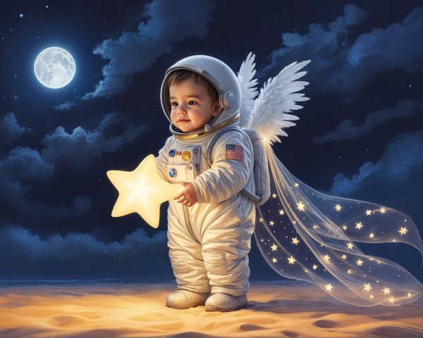 Child in astronaut suit with wings under starry sky