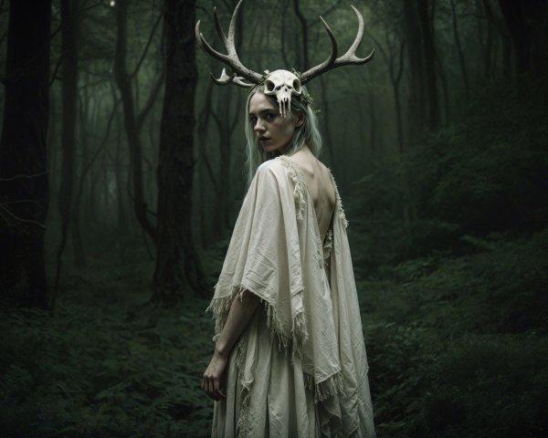 Mystical Forest Scene with Woman in Ethereal Gown
