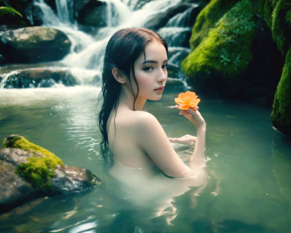 Young Woman in Tranquil Pool Surrounded by Nature