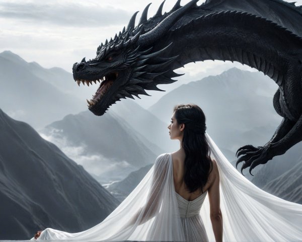 Woman in White Dress with Black Dragon on Mountain
