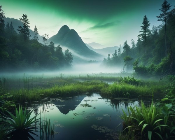 Tranquil Lake Surrounded by Misty Mountains and Forests