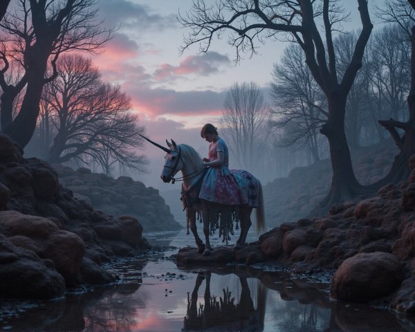 Girl in vibrant dress rides unicorn in foggy landscape