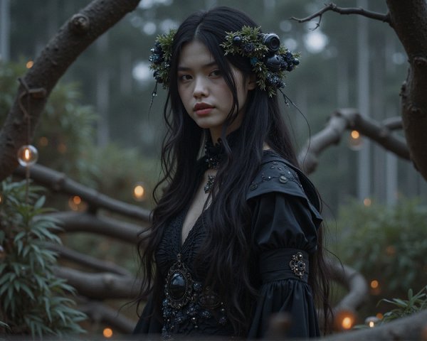 Young woman in ornate dress in mystical forest setting