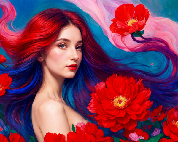 Young woman with vibrant hair and peonies in background