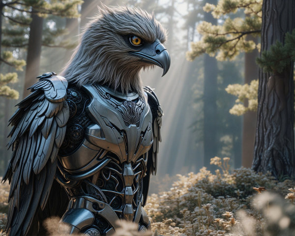 Mechanical Eagle Humanoid in a Sunlit Forest