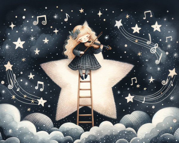 Whimsical Illustration of Girl Playing Violin Among Stars
