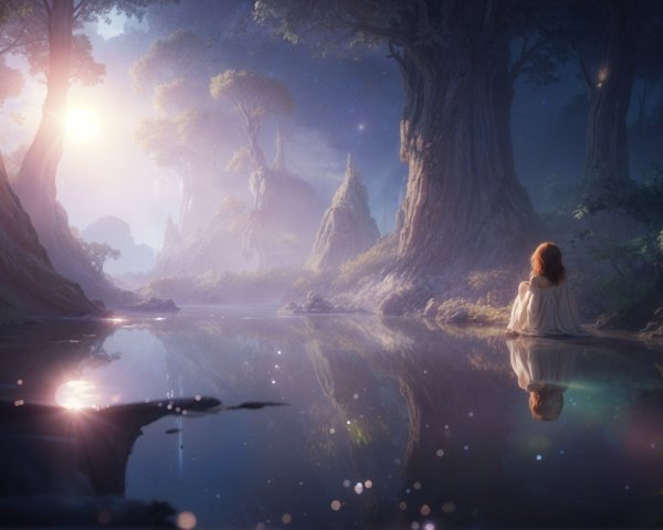 Twilight Scene in an Enchanted Forest with Stream