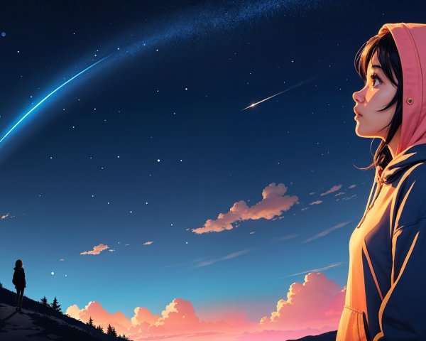 Twilight Landscape with Girl and Starry Sky