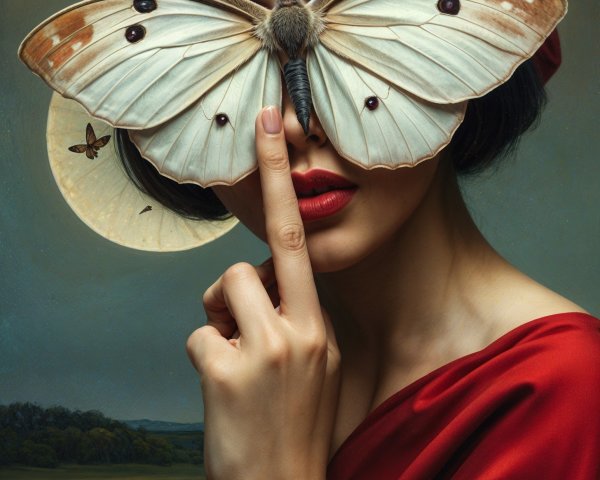 Woman in Red Dress with Butterfly in Moonlit Scene
