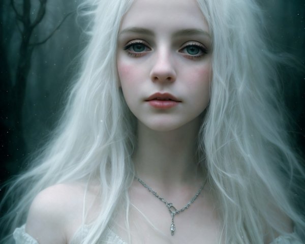 Mystical Woman in Ethereal Gown in Foggy Forest