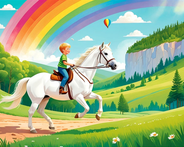 Young boy on white horse in vibrant landscape scene