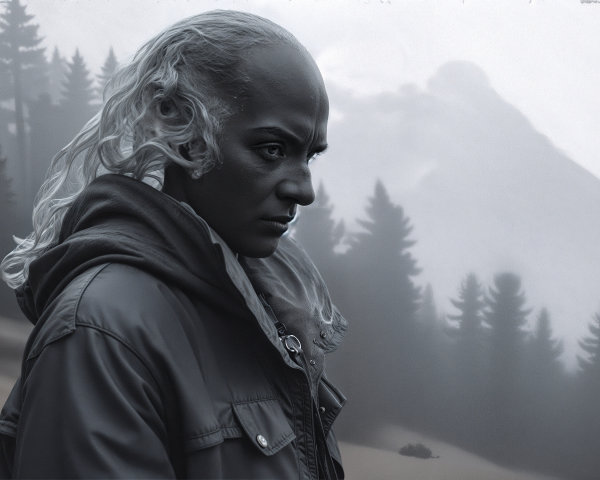 Solemn Figure in Misty Forest with Monochromatic Tones