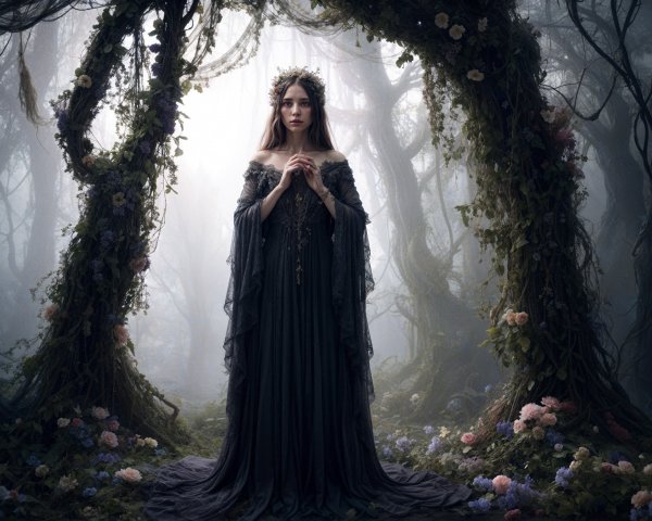 Mystical forest scene with a young woman in gown