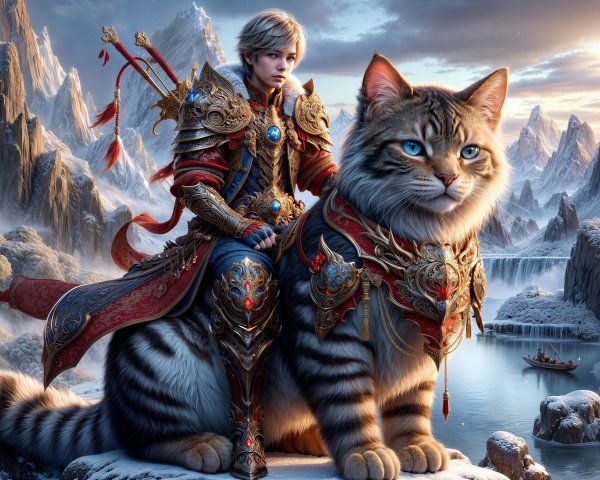 Male Character on Large Cat in Snowy Mountains
