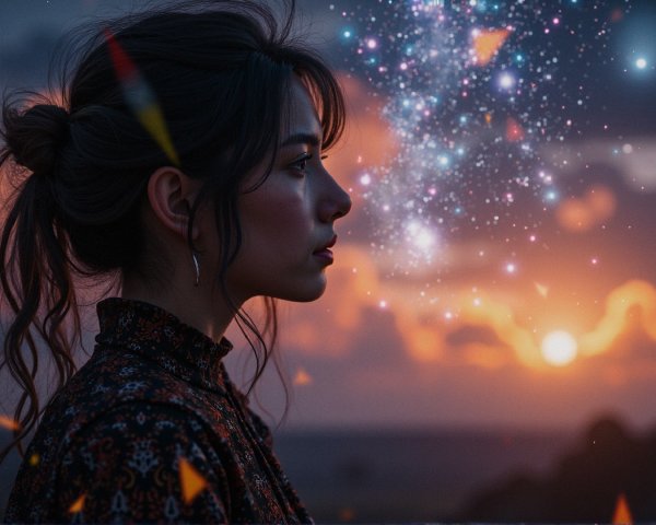 Young Woman Silhouetted Against a Dreamy Sunset