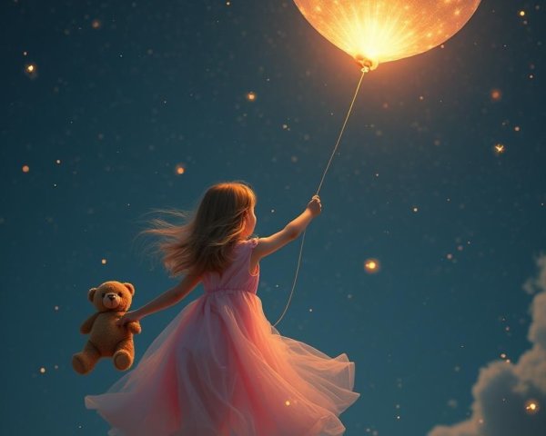 Young girl in pink dress floats in starry night sky