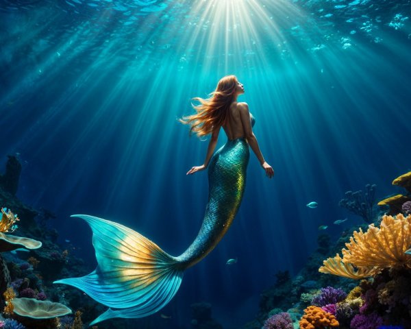 Underwater Scene with a Mermaid and Coral Reefs