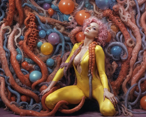 Model with Pink Hair in Yellow Bodysuit and Surreal Background