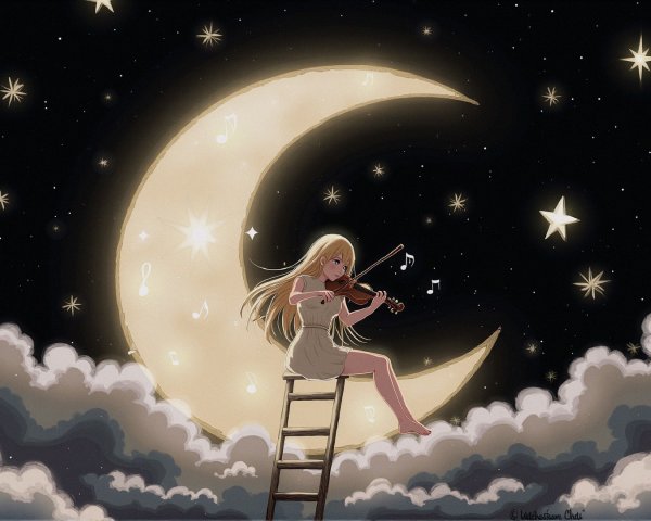 Girl Playing Violin on Ladder Among Clouds and Moonlight