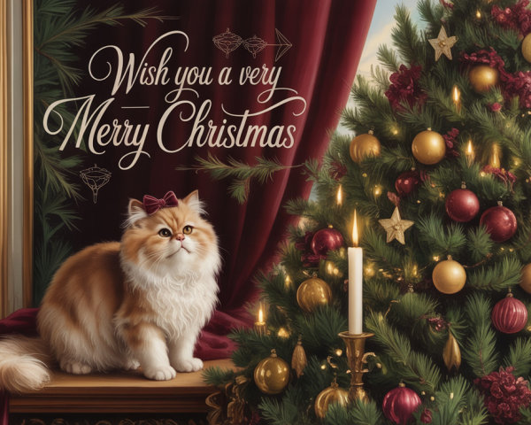 Cute Cat Christmas Card with Tree and Ornaments