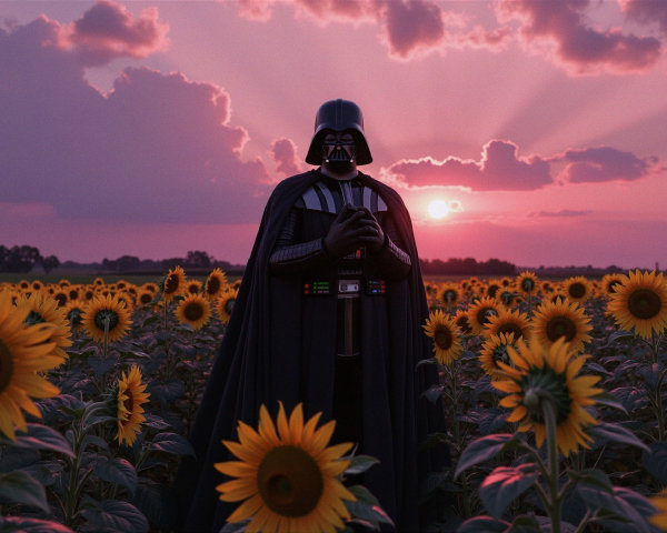 Dramatic Scene of Figure with Lightsaber in Sunflower Field