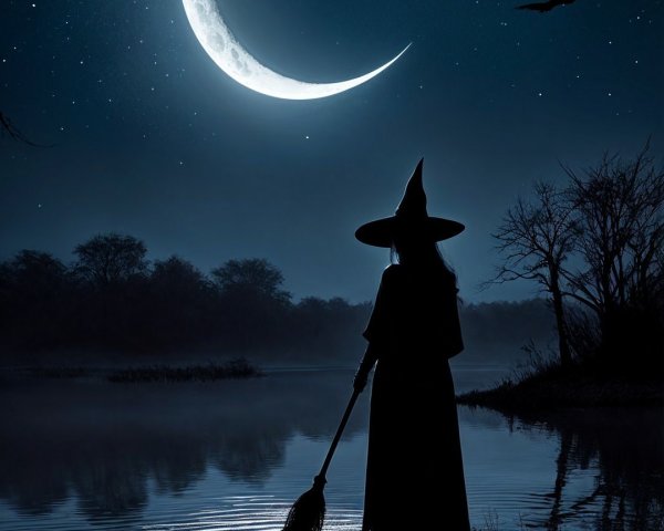 Silhouette of a witch by a serene lake at night
