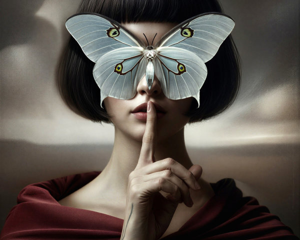 Mysterious Woman with Butterfly and Tranquil Background