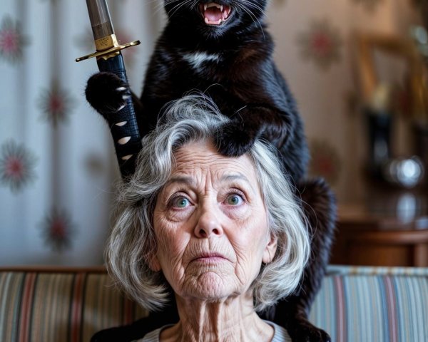 Elderly Woman with Cat and Sword on Striped Couch